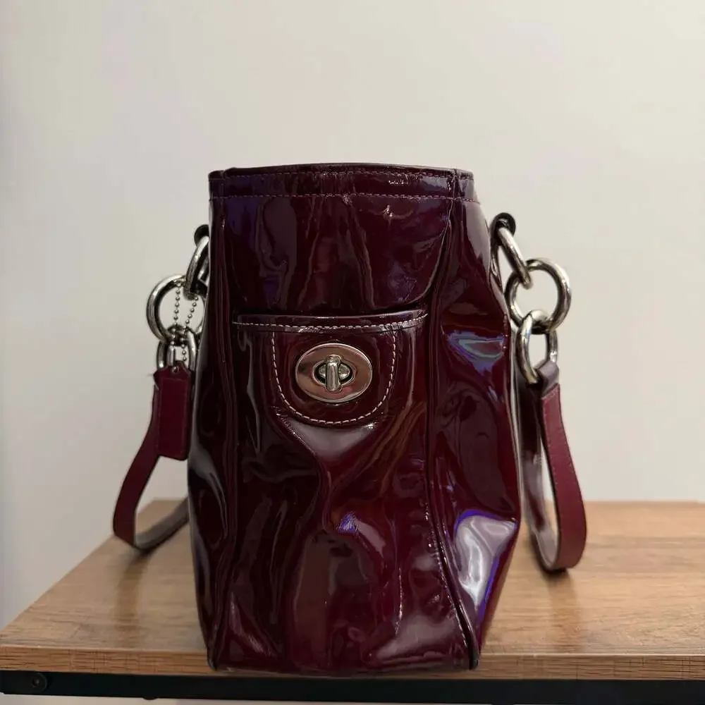 Coach Burgundy Patent Leather Tote Bag with Turnlock Pockets